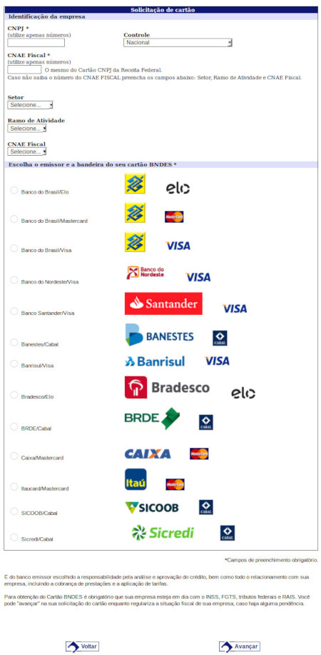 Formulário de solicitação do Cartão BNDES