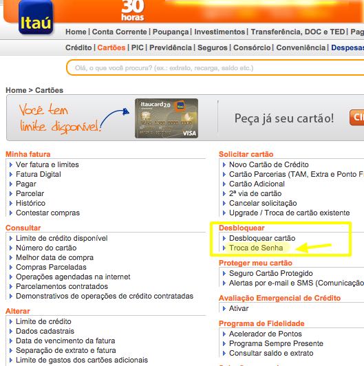 Alteração de senha do Cartão Itaucard - Cartão a Crédito