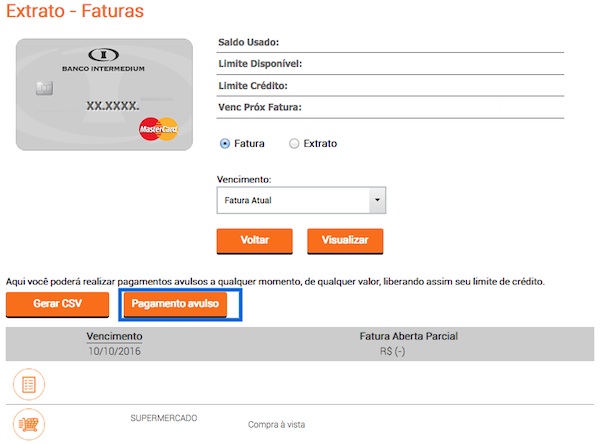 Consulta de fatura do Cartão Intermedium MasterCard 