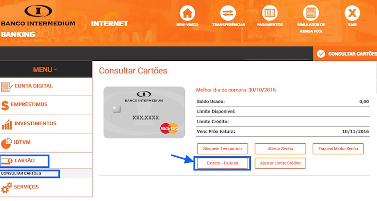 Conta de extrato e segunda via da fatura do Cartão de Crédito Intermedium MasterCard está disponível no Internet Banking da Conta Digital (reprodução)