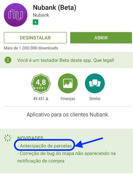 Novo recurso liberado para alguns usuários do Android permite adiantar o pagamento de 1 ou mais parcelas de compras parceladas no cartão de crédito Nubank MasterCard.