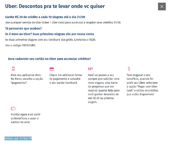 Uber e Credicard fim da promoção