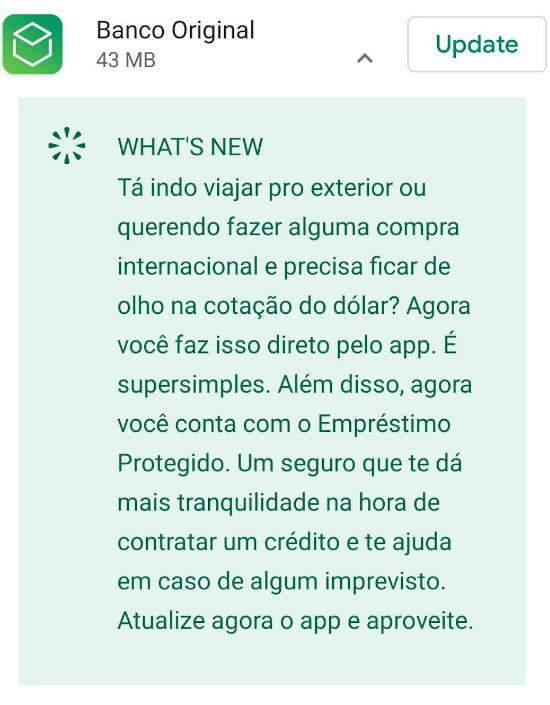 Cotação do Dólar no app do Banco Original