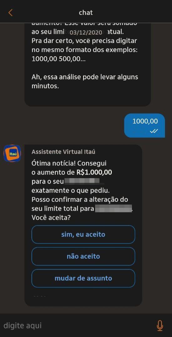 Aumento de limite Itaucard via Chatbot